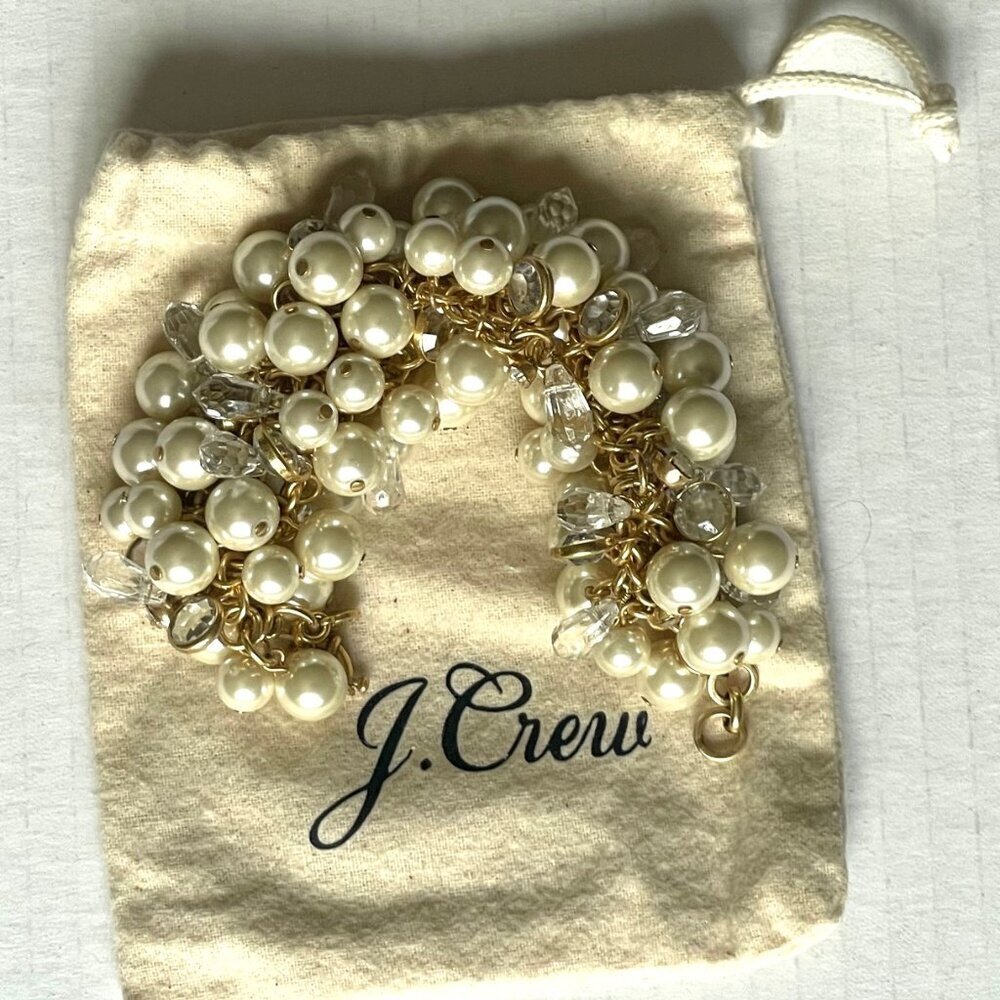 J.Crew Faux Pearl & Crystal Cluster Gold Chain Statement Bracelet - Picture 5 of 10